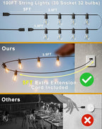 100FT LED Outdoor String Lights with 30 Edison Shatterproof IP65 Waterproof Bulbs, 2700K Dimmable Commercial Grade Patio Lights, Heavy Duty Outside Hanging Light for Garden Porch Deck Decor