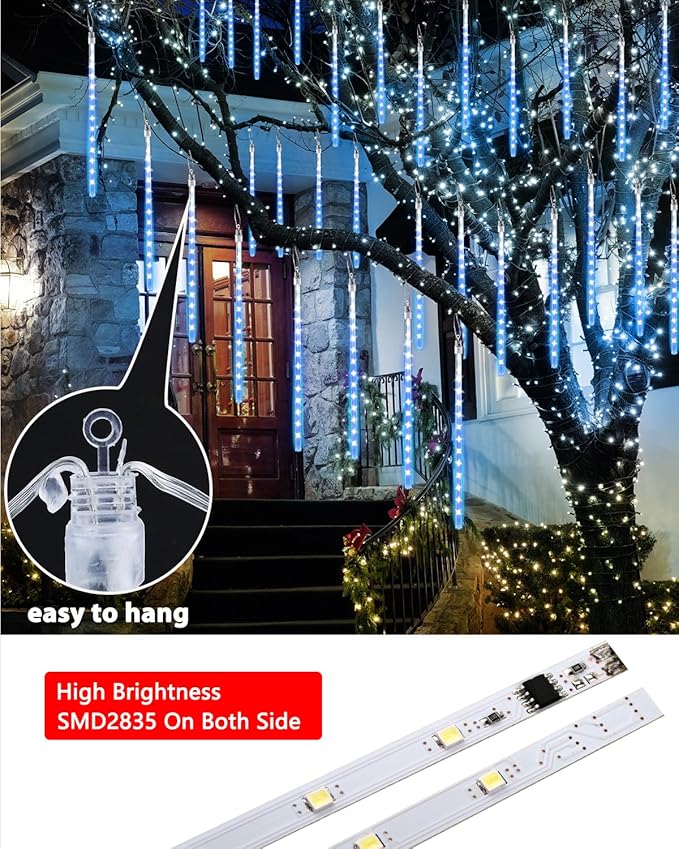 Joomer 2Pack Christmas Lights Outdoor, 11.8 inch 10 Tubes 240 LED Meteor Shower Lights, LED Falling Icicle Cascading Light with Timer Waterproof and Connectable for Christmas Decoration (Blue)