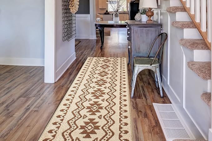 Custom Length Cut to Size Tribal Ethnic Southwestern Inspired Hallway Runner Rug, Non Slip Rubber Backed, 31 inch Wide X Customized Length, Aztec Beige, 31 inch X 18 feet