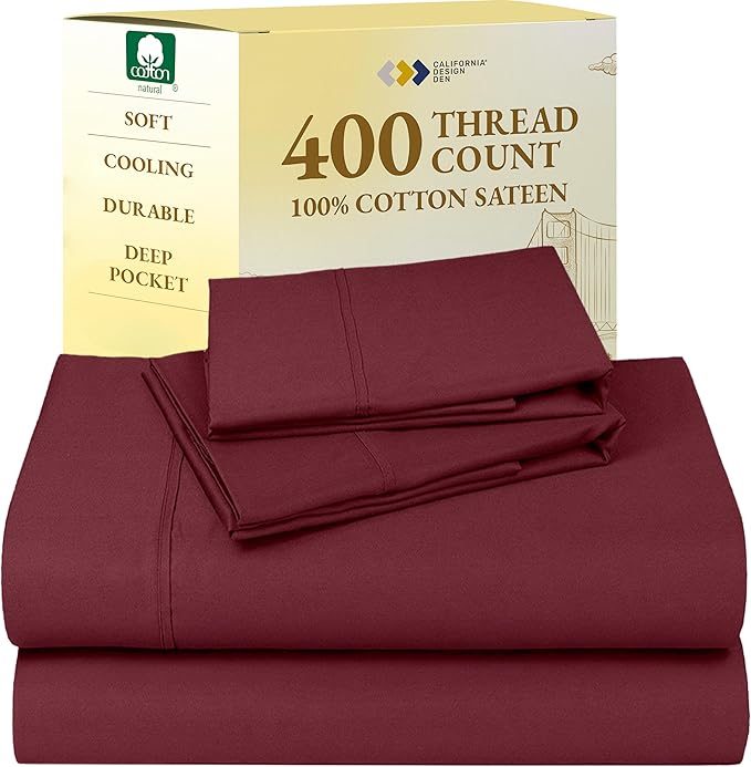 California Design Den King Size Sheets Set - Soft 400 Thread Count Sateen, Natural 100% Cotton Sheets with Deep Pockets, Breathable, Cooling and Durable Bedding Set - Burgundy Red