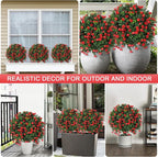 Artificial Boxwood Topiary Ball Trees with Red Rose, 2 Set of 16'' UV Resistant Fake Evergreen Shrubs Bushes Plants with Ground Spike Fake Plants for Outdoor Indoor Front Porch Garden