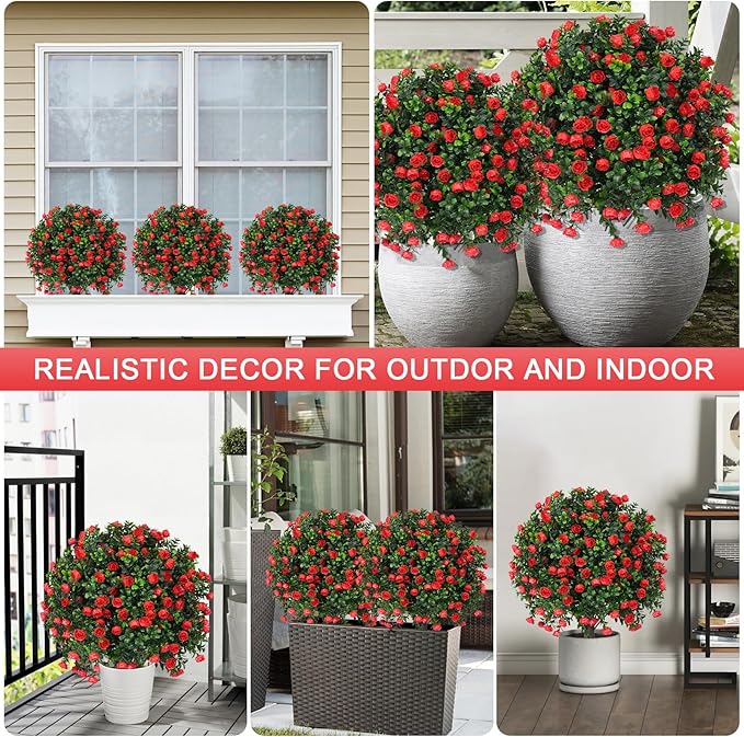 Artificial Boxwood Topiary Ball Trees with Red Rose, 2 Set of 16'' UV Resistant Fake Evergreen Shrubs Bushes Plants with Ground Spike Fake Plants for Outdoor Indoor Front Porch Garden