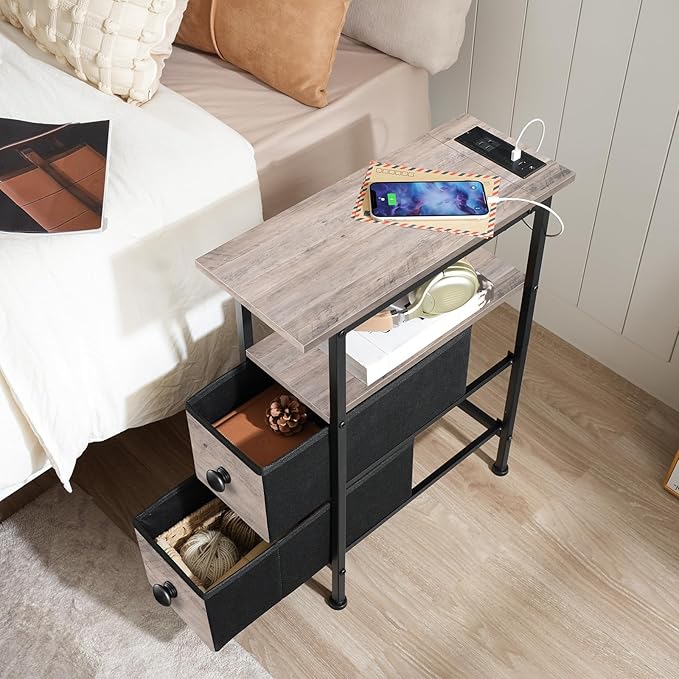 HOOBRO End Table with Charging Station, Narrow Side Table with 2 Fabric Drawers, Skinny Nightstand with Storage, Slim Bedside Table for Living Room, Small Spaces, Greige and Black BG487UBZ01