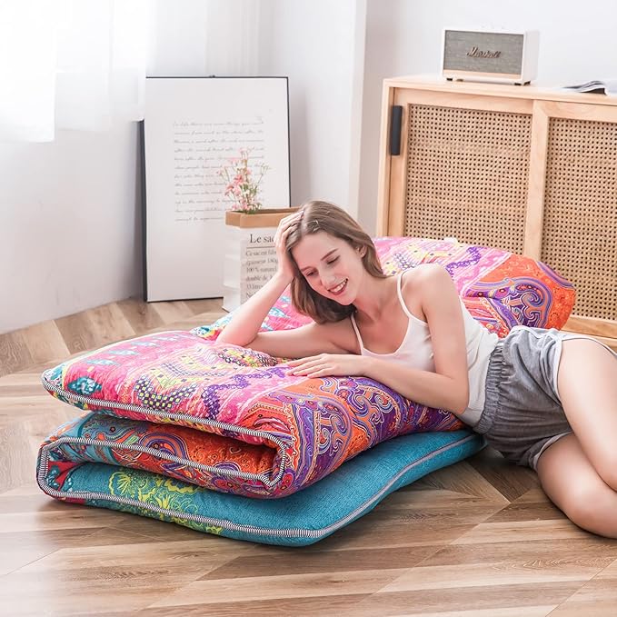 MAXYOYO Bohemian Retro Mattress Boho Floral Style Japanese Futon Mattress Tatami Floor Mat Foldable Lounger Portable Camping Sleeping Pad Couch Bed Twin Size