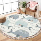 Round Boho Rug Pastel Colours Whale in The Waves Seamless Cute Ocean Creatures Area Linen Carpet Patio Hallway Runner Mat Pad Minimalist Home Decor for Living Room Outdoor, Multi, 3 ft