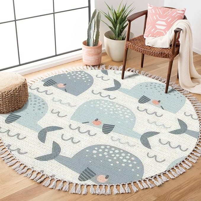 Round Boho Rug Pastel Colours Whale in The Waves Seamless Cute Ocean Creatures Area Linen Carpet Patio Hallway Runner Mat Pad Minimalist Home Decor for Living Room Outdoor, Multi, 3 ft