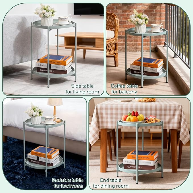 HollyHOME 2-Tier Round Side Table, Outdoor Small Folding Accent Stand with Removable Tray, Anti-Rust Metal Asional Table for Balcony Patio Living Room, Nightstand for Bedroom(Cyan Blue)