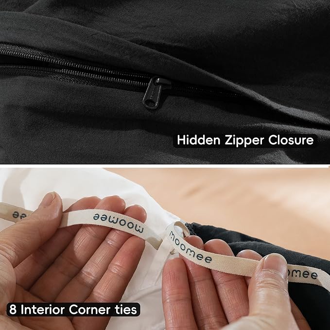MooMee Bedding Duvet Cover Set 100% Washed Cotton Linen Like Textured Breathable Durable Soft Comfy (Solid Black, Twin 68"x90")