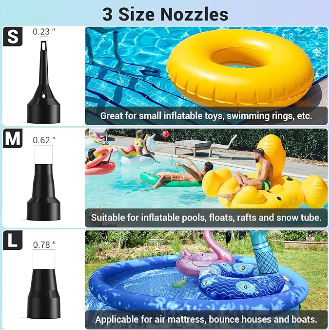 Air Pump for Inflatables: AC 110V Air Mattress Pump with 3 Nozzles - Quick-Fill Electric Inflator Deflator for Inflatable Pool Raft Bed Boat Floats Swimming Rings Yoga Balls