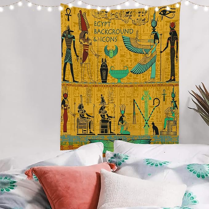 Batmerry Yellow Ancient Egyptian Tapestry, Horus Wall Art Hanging Decoration Polyester Fiber White Ruffled Around for Dorm Room Bedroom Living Room, 59.1x51.2 inches