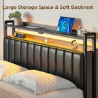 Rolanstar Headboard for Full Size Bed with Storage, 60,000 DIY Color of LED Light, Head Board with USB & Type C Port, Height Adjustable, Black Upholstered Cabeceras de Cama Comfortable Modern, Leather