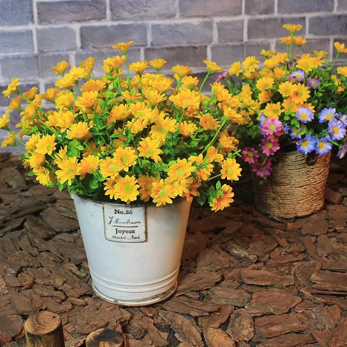 Artificial Outdoor Plants Faux Zinnia Flowers Eucalyptus 16 Bundles Fake Daisy Fade Resistant Wild Flowers Look Real Colorful Flower for Planter Front Porch Decor (16 Bundles 4 Colors)