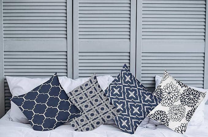 Ambesonne Vintage Throw Pillow Cushion Case Pack of 4, Quatrefoil Mesh Medieval Lattice Ornaments Ethnic Motive and Dahlia Flowers, Modern Accent Double-Sided Digital Printing, 16", Night Blue White