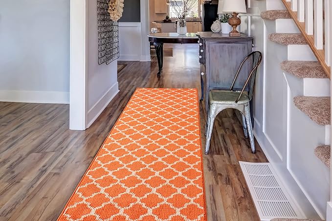 Custom Size Moroccan Trellis Runner Rug Mat for Wide Hallway Entryway Kitchen Laundry Room with Slip Resistant Latex Rubber Backing, Trellis Orange, 31 inch X 8 feet
