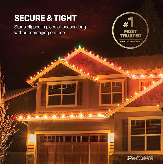 All-Purpose Holiday Light Clips [Set of 400] Christmas Light Clips, Outdoor Light Clips - Mount to Shingles & gutters - Works with Mini, C6, C7, C9, Rope, Icicle Lights - No Tools Required - USA Made