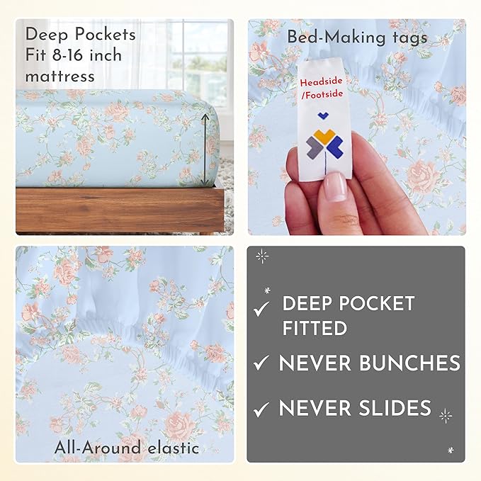 California Design Den Floral Pattern King Size Sheets Set - Luxury 400 Thread Count, Natural 100% Cotton Sateen, Deep Pocket King Sheets, Cooling and Durable Bedding Set - Antique Rose