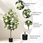 Artificial Camellia Tree 2 Pack, Artificial Plants Outdoor Faux Floral Plant in Cement Pot Fake Silk Camellia Tree Plants for Home House Living Room Office Decor