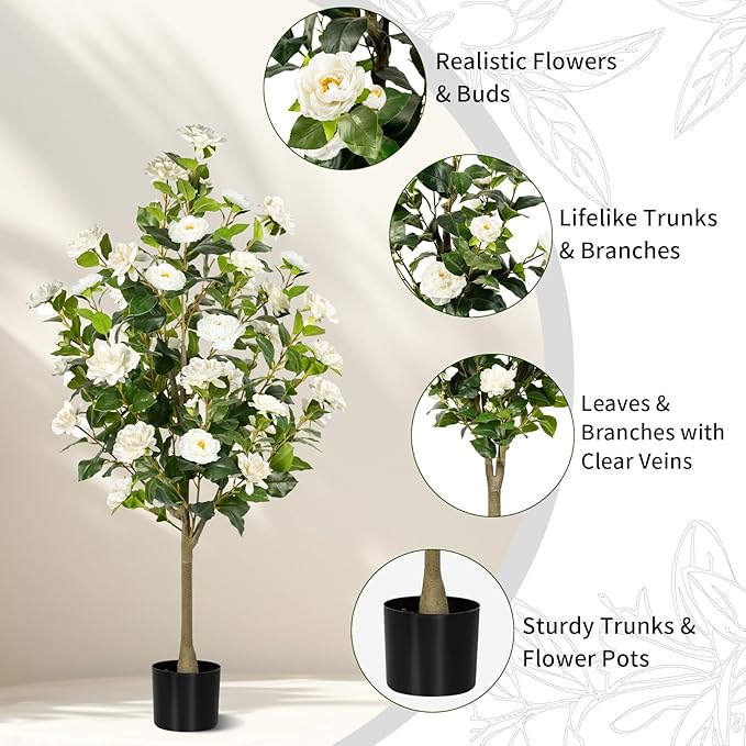 Artificial Camellia Tree 2 Pack, Artificial Plants Outdoor Faux Floral Plant in Cement Pot Fake Silk Camellia Tree Plants for Home House Living Room Office Decor