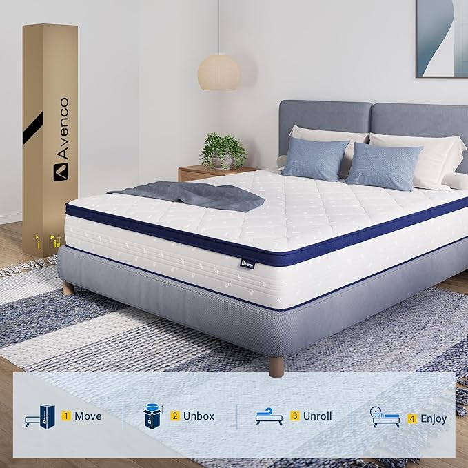 Avenco Queen Mattress in a Box, 12 Inch Hybrid Size Mattresses with Comfort Foam and Pocket Coils, Colchones Queen for Pressure Relief & Motion Isolation