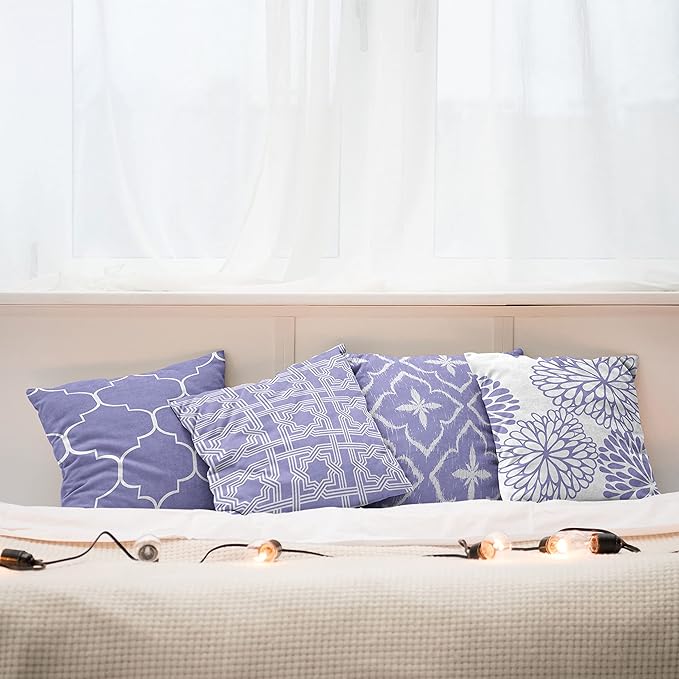 Ambesonne Vintage Throw Pillow Cushion Case Pack of 4, Monochrome Design Grid Trellis Quatrefoil Mesh and Dahlia Flowers Modern Print, Modern Accent Double-Sided Digital Printing, 20", Lavender White