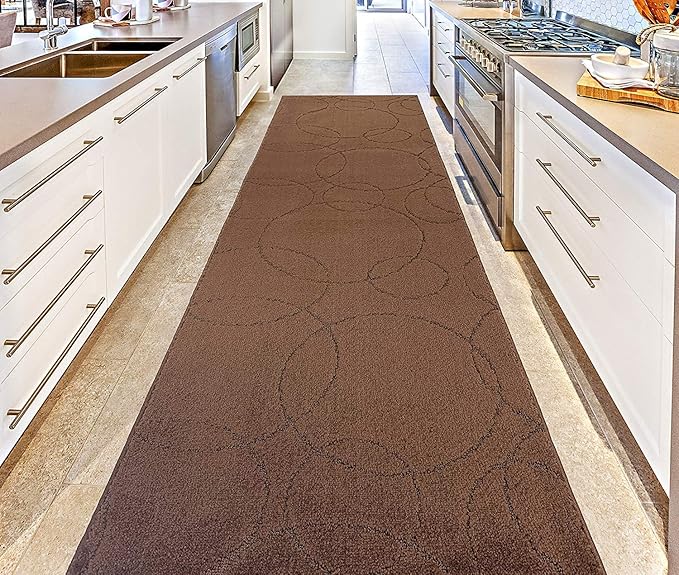 Custom Size Modern Geometric Pattern Carpet Runner Rug for Hallways, Slip Resistant Latex Rubber Backed, 31 inch Wide X Customized Length, Circles Brown, 31 inch X 23 feet