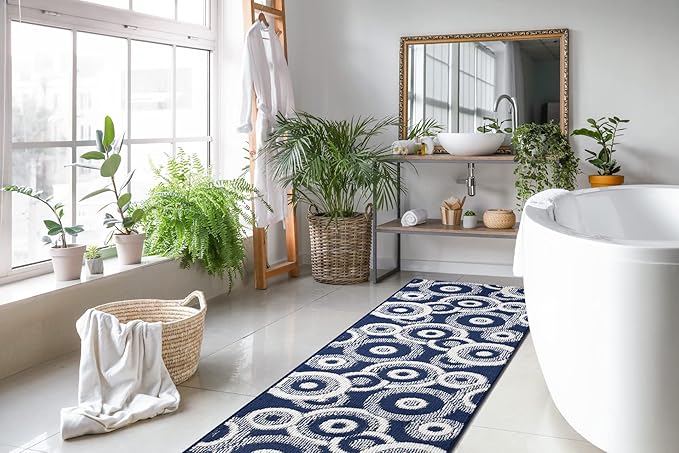 Custom Length Cut to Size Retro Modern Coastal Carpet Runner Rug for Hallways, Non Slip Rubber Backed, 31 inch Wide X Customized Length, Geo Blue, 31 inch X 11 feet