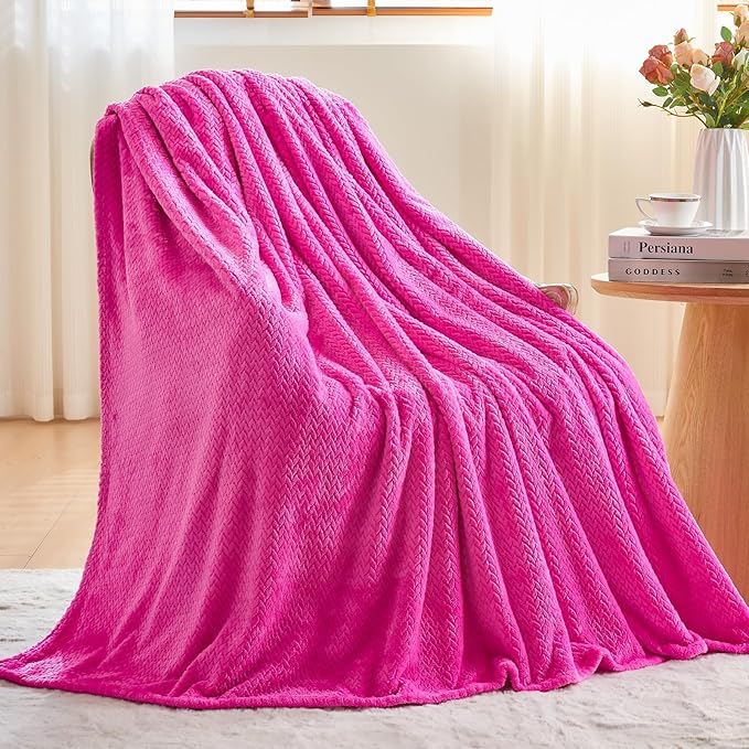 NEWCOSPLAY Super Soft King Blanket Hot Pink Premium Silky Flannel Fleece Leaves Pattern Lightweight Bed Blanket All Season Use (Hot Pink, King(90"x110"))