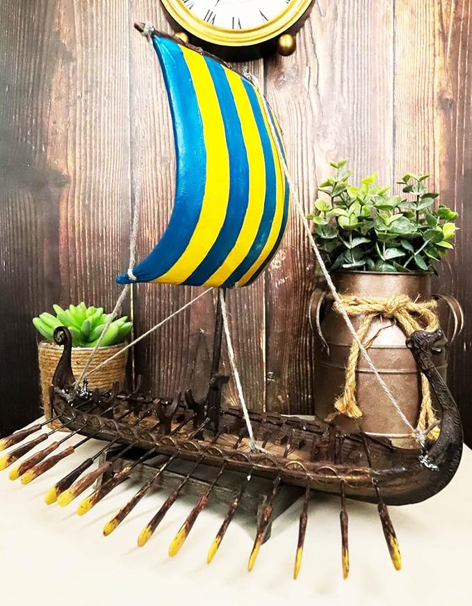 Ebros Gift Scandinavian Viking Norseman Dragon Gokstad Longship Model Ship Boat Resin Sculpture with Display Base Stand War Vessel Battle Ships Prototype Figurine
