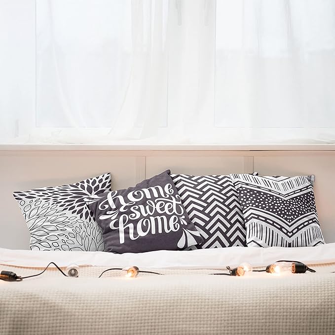 Ambesonne Geometric Throw Pillow Cushion Case Pack of 4, Home Phrase Minimal Zigzag Squama Dahlia Flower Petals Chevron Tribal, Modern Accent Double-Sided Digital Printing, 24", Dark Mauve and White