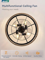 LEDIARY 20 Inch Fandelier Caged Ceiling Fan with Light, Bladeless Ceiling Fan with Remote, Small Farmhouse Fan Lights Ceiling Fixtures for Kitchen, Bedroom-Brown