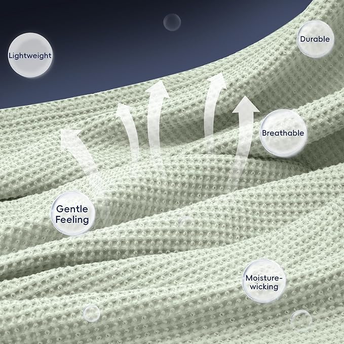 PHF 100% Cotton Waffle Weave Blanket Queen Size for Bed,Snag Proof Lightweight Breathable Moisture-Wicking Throw for Couch,Great for Layering in Cold Weather,Machine Washable, Home Decor-Sage Green