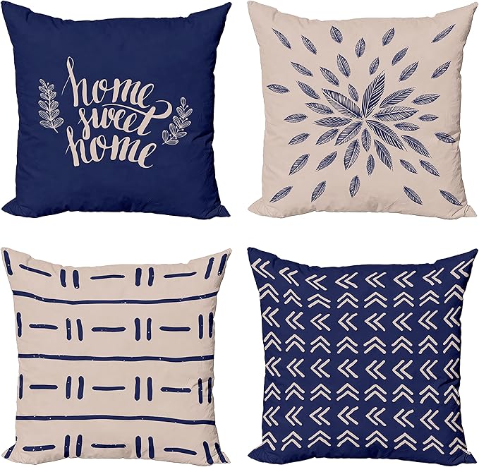 Ambesonne Modern Throw Pillow Cushion Case Pack of 4, Scandinavian Minimal Ornaments Boho Feather Leaves and Home Phrase Print, Modern Accent Double-Sided Digital Printing, 18", Pale Tan and Indigo