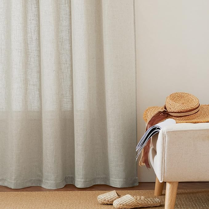 RYB HOME Extra Long Curtains - Solid Linen Curtains Breezy Hazy Vision Window Decor for Bedroom Canopy Bed Bathroom High Ceiling Sliding Glass Door Sheer Backdrop, 52 x 95, 1 Pair, Angora