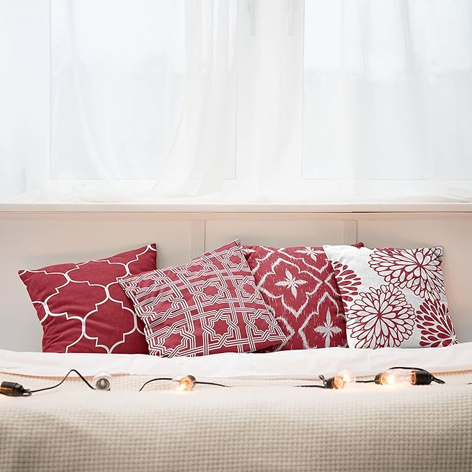 Ambesonne Vintage Throw Pillow Cushion Case Pack of 4, Monochrome Design Grid Trellis Quatrefoil Mesh and Dahlia Flowers Modern Print, Modern Accent Double-Sided Digital Printing, 18", Ruby and White