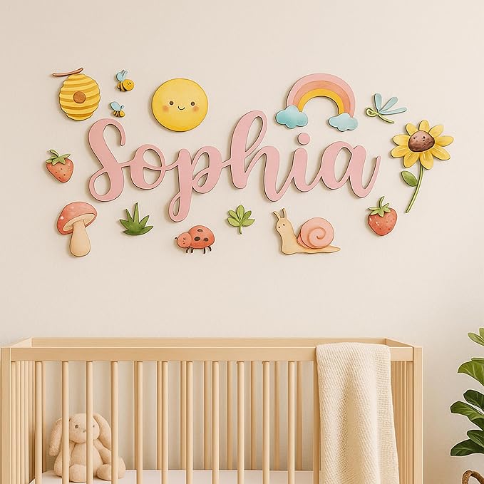 Custom Nursery Name Sign with Themed Decor Kit | Personalized Wooden Wall Art for Baby, Kids Room | Space, Jungle, Circus, Under the Sea, Woodland, Rainbow (50", Rainbow/Nature)