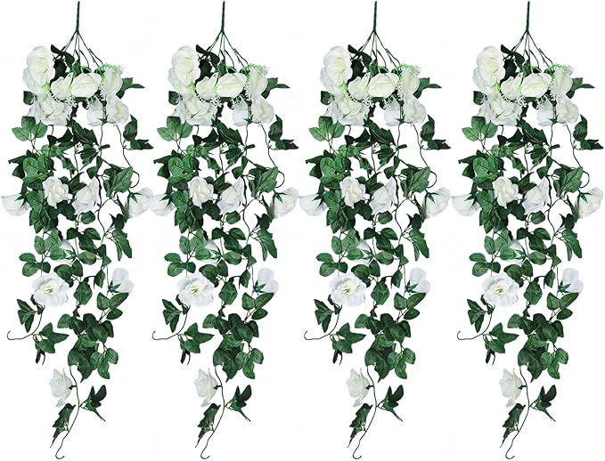 Artificial Hanging Rose Plant 4Pieces 3.3Ft Faux Ivy Plants Fake Outdoor Flowers Vines,UV Resistant for Wedding, Home, Office, Arch,Arrangement Decoration (White)