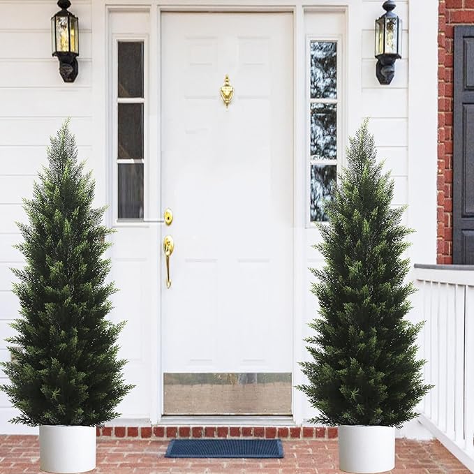 4FT Artificial Cedar Topiary Tree Lifelike Faux Cedar Pines Christmas Trees UV Rated Faux Shrubs Everygreen Plants for Front Porch Outdoor Decor Set of 2