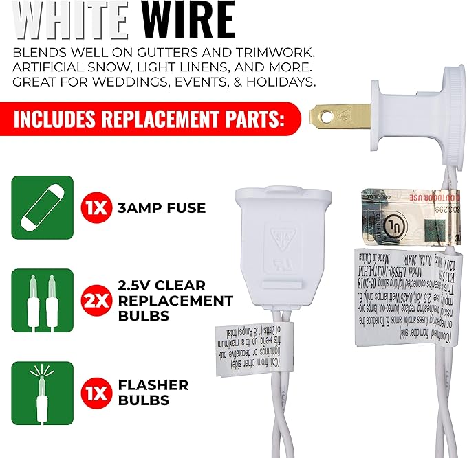 612 Vermont 50 Clear Christmas Lights on White Wire, UL Approved for Indoor/Outdoor Use, 9 Foot of Lighted Length, 11 Foot of Total Length