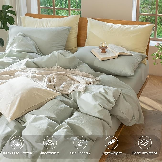 MooMee Bedding Duvet Cover Set 100% Washed Cotton Linen Like Textured Breathable Durable Soft Comfy (Heathered Sage Green, Super Queen 90"x98")
