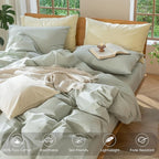 MooMee Bedding Duvet Cover Set 100% Washed Cotton Linen Like Textured Breathable Durable Soft Comfy (Heathered Sage Green, Queen 90"x90")
