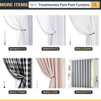 Treatmentex Sheer White Curtains with Black Pom Pom Curtains 84" Long Linen Textured Look Decorative Window Drapes Navy 52" w 1Pair