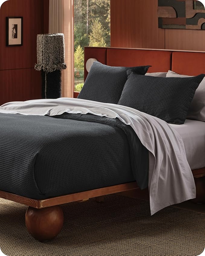 Bedsure Cotton Duvet Cover Set - 100% Cotton Waffle Weave Black Duvet Cover Oversized King Size, GentleSoft™ and Breathable Bedding Set for All Season, 3 Pieces, 120"x98"