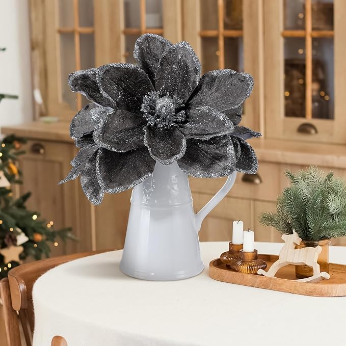 8 Pcs Large Christmas Flower Magnolia Flowers Christmas Tree Decoration Artificial Poinsettia Stems Velvet Xmas Ornaments for Xmas Tree Table Decor(Gery,12 Inch)