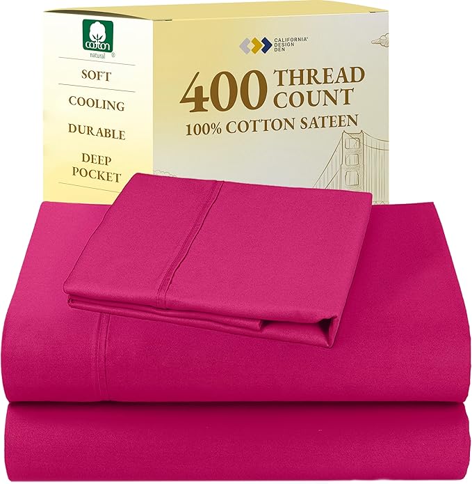 California Design Den Natural 100% Cotton Bed Sheets Twin XL Size Set - 400 Thread Count Sateen, Twin XL Sheets Set, Deep Pockets, All Around Elastic, Cool and Durable Bedding for Dorm Room - Hot Pink