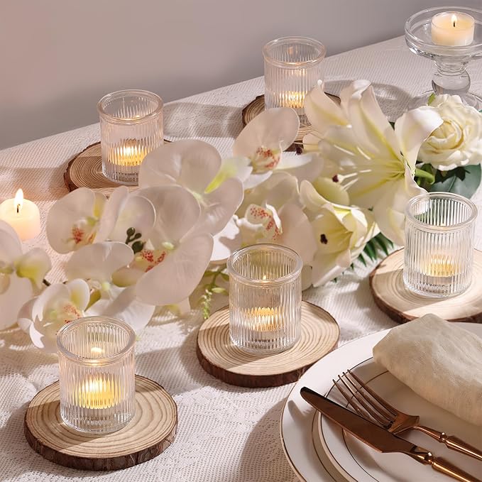32Pcs Ribbed Votive Candle Holders, Clear Tea Light Candle Holder for Wedding Table Decor, Glass Candle Holder for Bridal Shower Decor, Home and Holiday Decor