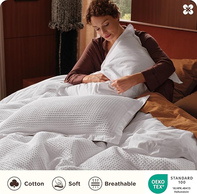 Bedsure Cotton Duvet Cover King - 100% Cotton Waffle Weave Bright White Duvet Cover King Size, GentleSoft™ and Breathable Bedding Set for All Season, 3 Pieces, 104"x90"