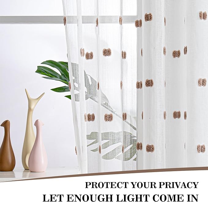 MYSKY HOME White Curtains for Bedroom 63 Inch Length Long Sheer Curtains for Kids Room Nursery Curtains with Taupe Patched Design Rod Pocket Privacy Window Drapes Dining Room 52" x 63" 2 Panels