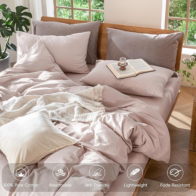 MooMee Bedding Duvet Cover Set 100% Washed Cotton Linen Like Textured Breathable Durable Soft Comfy (Heathered Greyish Pink, Palatial King/Oversized King 120"x98")