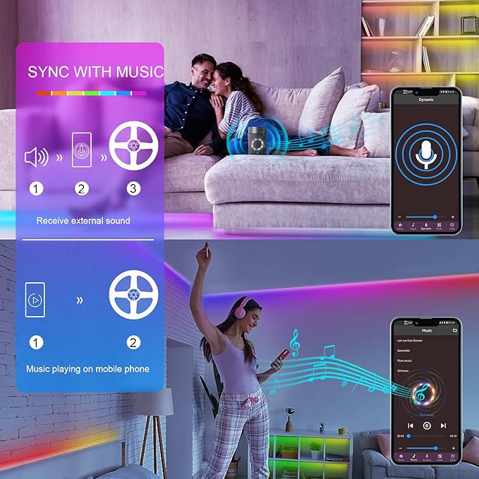 50ft Led Lights for Bedroom, Led Strip Lights Music Sync Corlor Changing, Led Light Strip with Remote & App Control RGB Strip, Led Lights for Room Dorm Home Classroom Ceiling Decor