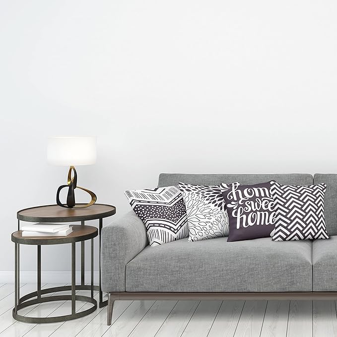 Ambesonne Geometric Throw Pillow Cushion Case Pack of 4, Home Phrase Minimal Zigzag Squama Dahlia Flower Petals Chevron Tribal, Modern Accent Double-Sided Digital Printing, 24", Dark Mauve and White